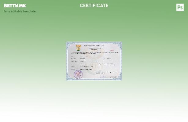 Модерен стил шаблон за PSD сертификат за смрт во Јужна Африка